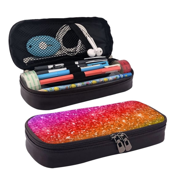 Picia Colorful Glitter Pattern Large Capacity PU Leather Pencil Case Organizer Pen Marker Holder Double Zipper Storage Bag Big Pencil Pouch for College Office