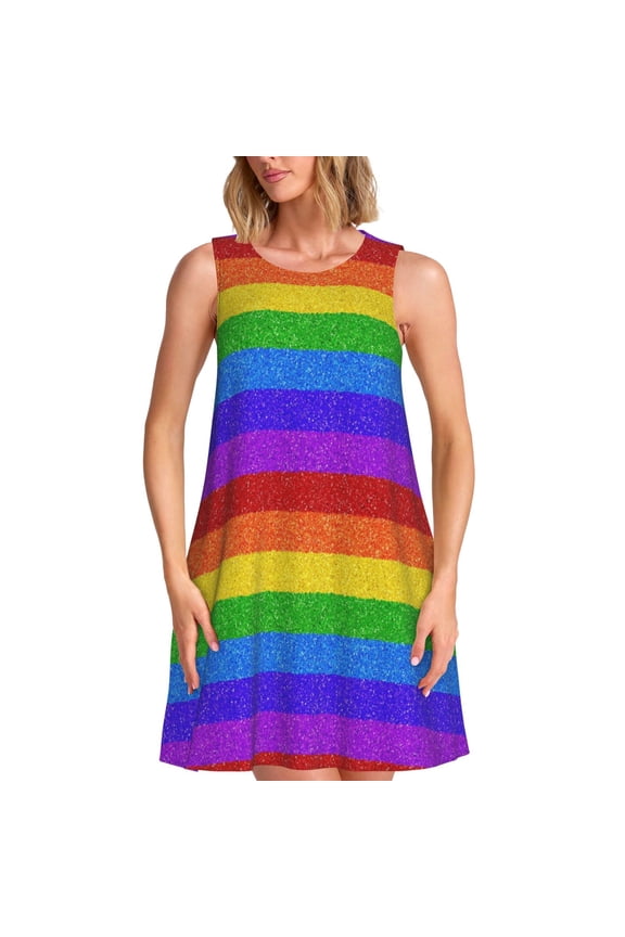 Colorful Glitter Rainbow Print Women’s Sleeveless Midi Swing Dress – A-Line Pleated Tank Sundress, Comfortable and Flowy T-Shirt Dress