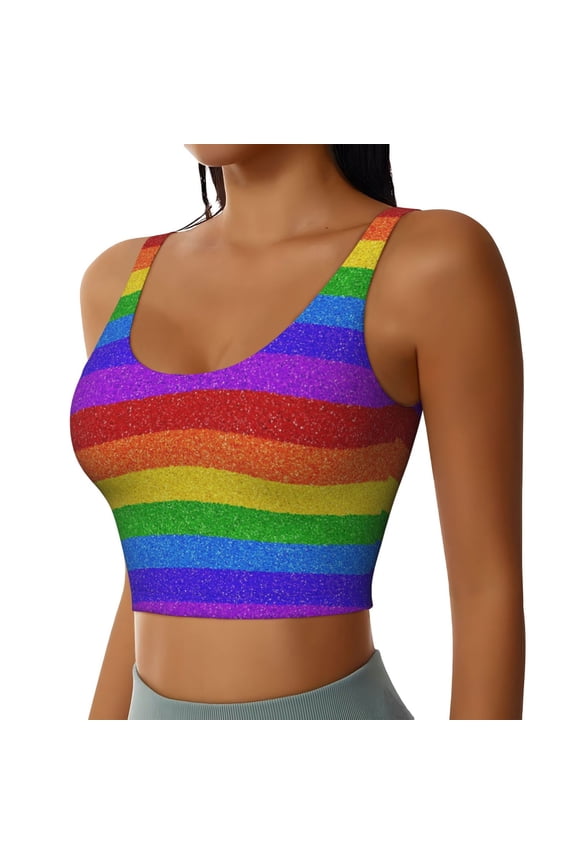 Colorful Glitter Rainbow Sports Bra for Women,Padded Strappy Sports Bras Medium Support Yoga Bra with Removable Cups,Running Yoga Bra-X-Large