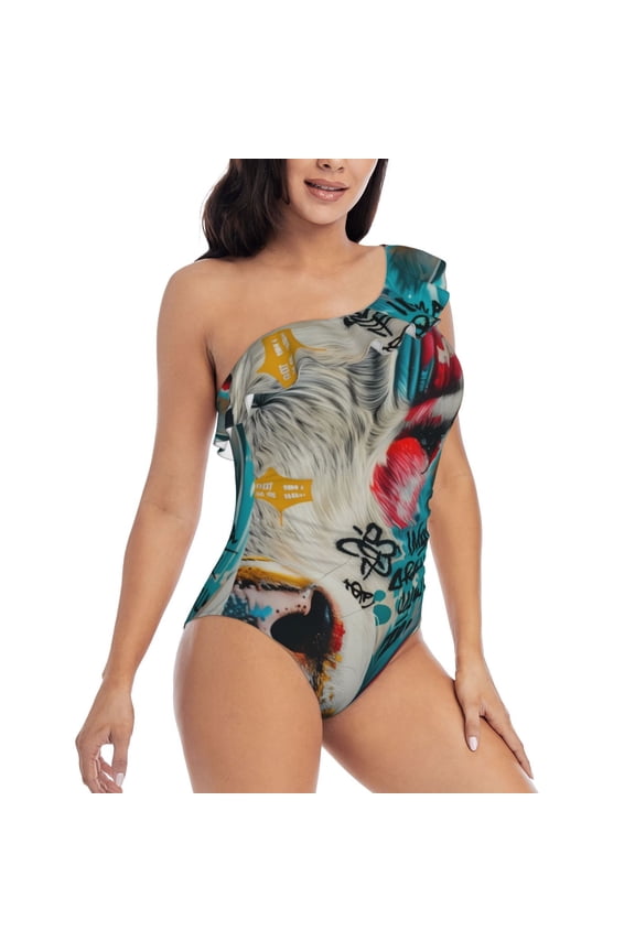 Colorful Graffiti Cow Pattern Women's One Piece Swimsuits,One Shoulder Swimwear Asymmetric ,Ruffle Monokinis Bathing Suits,High Waisted Flattering Bathing Suits-Large