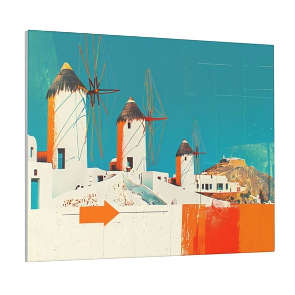 Picia Colorful Greek Windmills Pattern Decorative Picture – Unique Wall Art, Modern Canvas Print for Trendy Interiors (Horizontal)