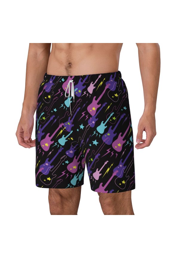 Colorful Guitar pattern Mens Swim Trunks with Compression Liner Stretch Beach Shorts Quick Dry with Zipper Pockets No-Chafing Board Shorts-Large