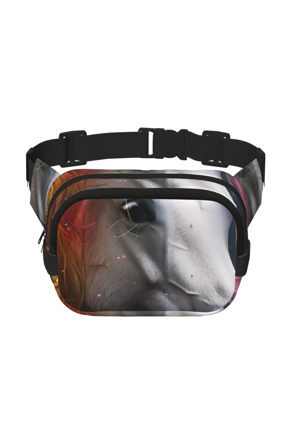 Colorful Haired White Horse Print Square Double-Layer Waist Bag Mini Adjustable Waist Belt Bag Exercise Running Travel Hiking
