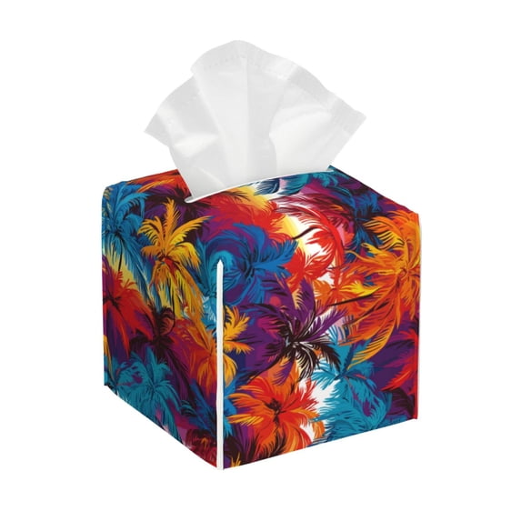 Picia Colorful Hawaii Palms Pattern Tissue Box Cover,PVC Leather Square Holder,Tissue Box Holder with Magnetic Bottom,Facial Paper Organizer Dispenser-5.2"X5.2"X5.2"