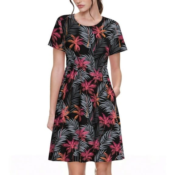 Picia Colorful Hawaii Palms Pattern Women's Short Sleeve Summer Dress Pleated Loose Swing Knee Length Short Sleeve Swing Dresses
