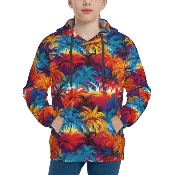 Picia Colorful Hawaii Palms Pattern Youth Hoodie - Warm Pullover Sweatshirt with Kangaroo Pocket, Ideal for Boys and Girls-Large