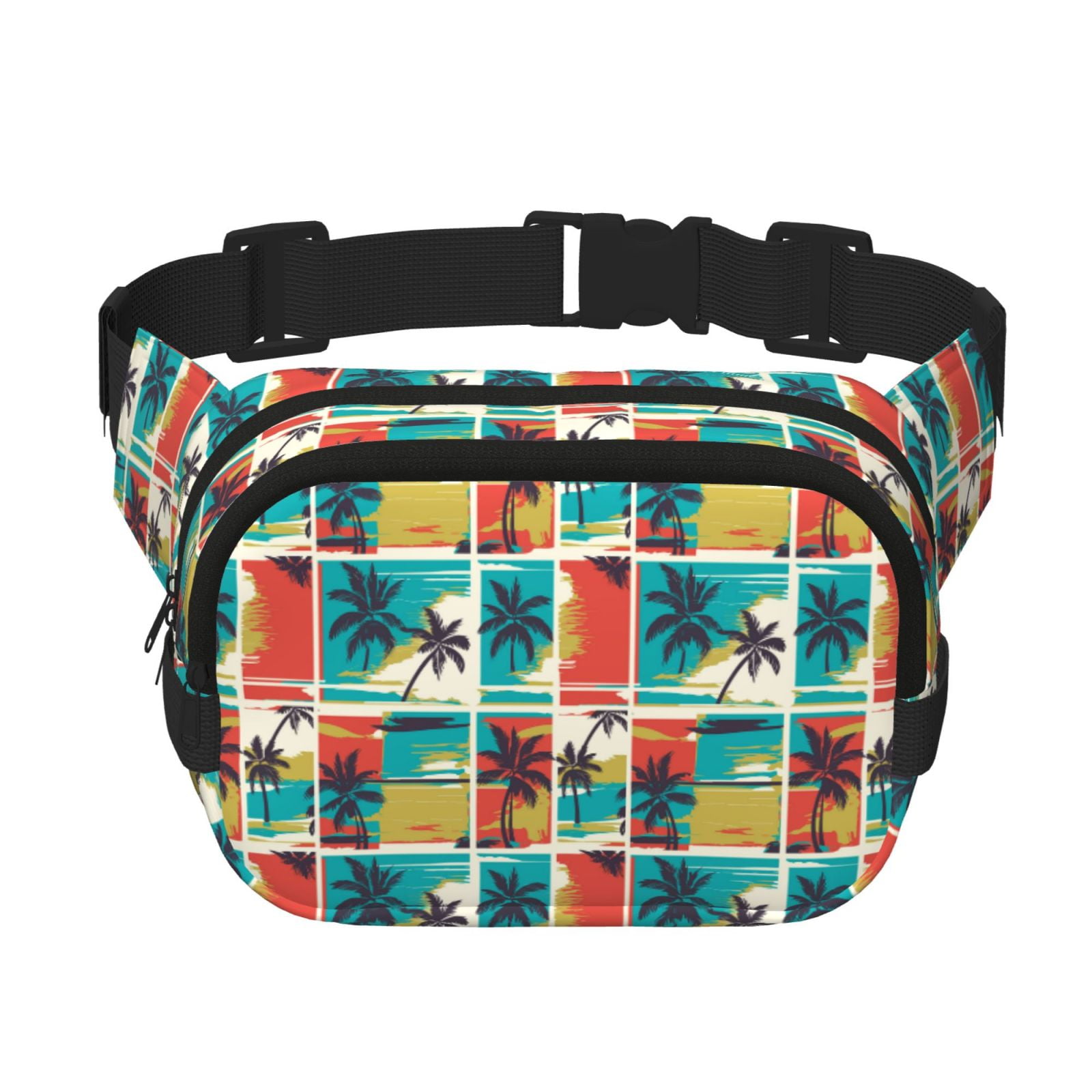 Picia Colorful Hawaii Palms Print Square Double-Layer Waist Bag Mini Adjustable Waist Belt Bag Exercise Running Travel Hiking