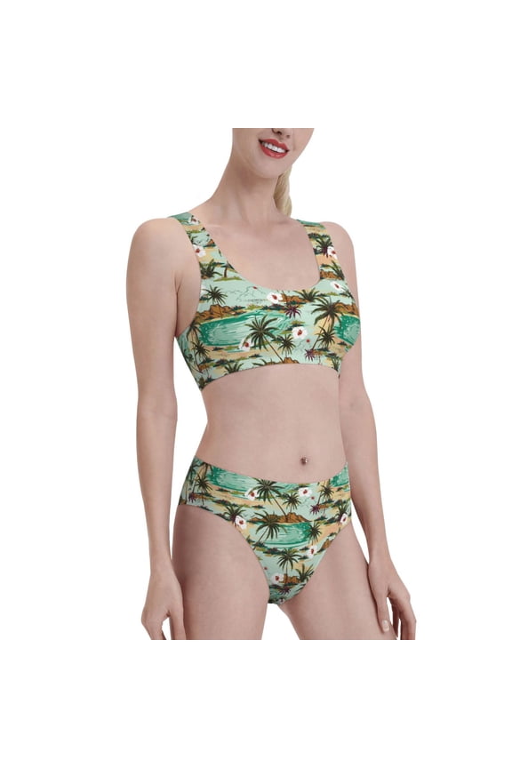 Colorful Hawaii Palms Women's High Waisted Bikini Scoop Neck Swimsuit Two Pieces Bathing Suit-X-Large