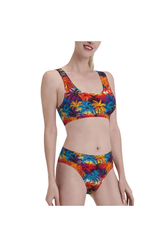 Colorful Hawaii Palms Women's High Waisted Bikini Scoop Neck Swimsuit Two Pieces Bathing Suit-XX-Large