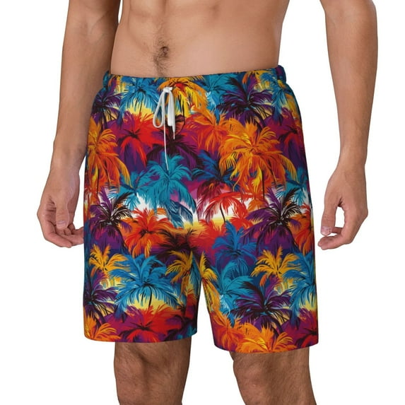 Picia Colorful Hawaii Palms pattern Mens Swim Trunks with Compression Liner Stretch Beach Shorts Quick Dry with Zipper Pockets No-Chafing Board Shorts-X-Large