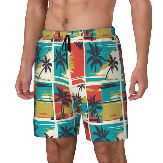 Picia Colorful Hawaii Palms pattern Mens Swim Trunks with Compression Liner Stretch Beach Shorts Quick Dry with Zipper Pockets No-Chafing Board Shorts-XX-Large