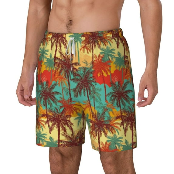 Picia Colorful Hawaii Palms pattern Mens Swim Trunks with Compression Liner Stretch Beach Shorts Quick Dry with Zipper Pockets No-Chafing Board Shorts-XX-Large