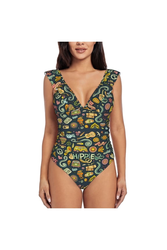 Colorful Hippie Blooming Jelly Womens Tummy Control Bathing Suits Slimming Ruffle Swimsuit One Piece Lace Swimwear-