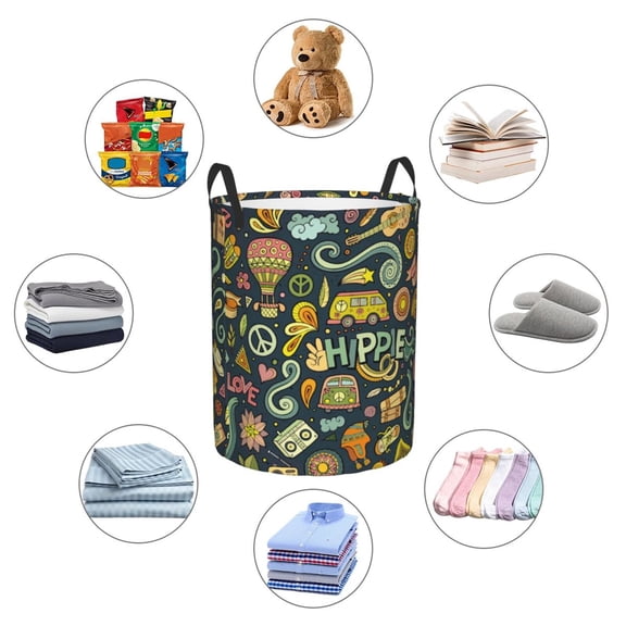 Picia Colorful Hippie Large Laundry Basket, Waterproof, Freestanding Laundry Hamper, Collapsible Tall Clothes Hamper with Extended Handles-Small