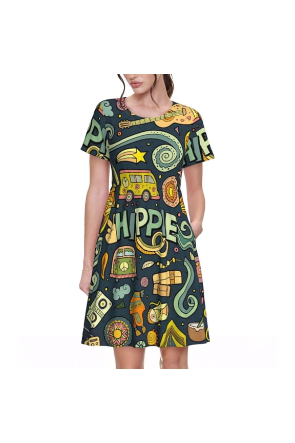 Colorful Hippie Pattern Women's Short Sleeve Summer Dress Pleated Loose Swing Knee Length Short Sleeve Swing Dresses