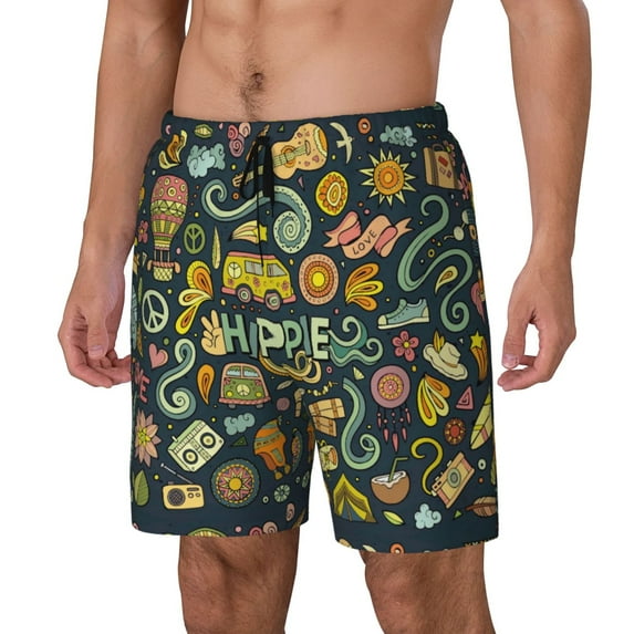 Picia Colorful Hippie pattern Mens Swim Trunks with Compression Liner Stretch Beach Shorts Quick Dry with Zipper Pockets No-Chafing Board Shorts-Large
