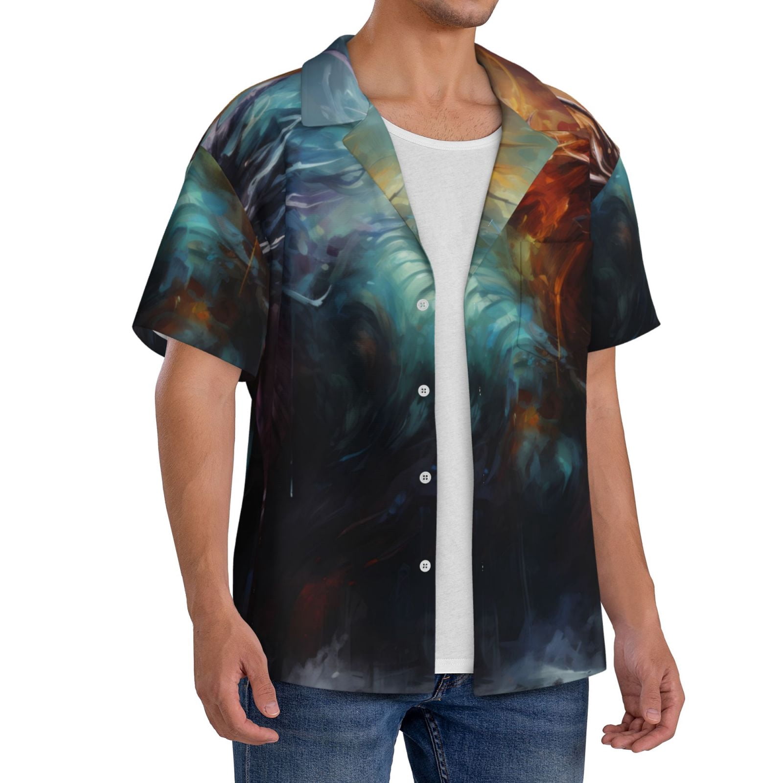 Picia Colorful Ink Style Dragon Men's Linen Shirts Short Sleeve Cuban ...