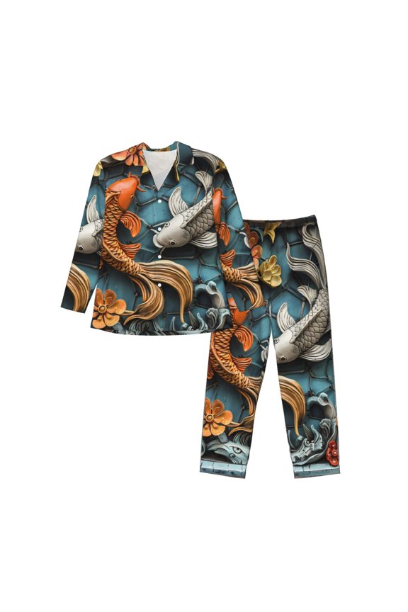 Colorful Koi Fish Art Pattern Men’s Long-Sleeve Sleepwear Set - Soft 2-Piece Loungewear with Pockets, Comfy PJs for Relaxing Nights-Medium
