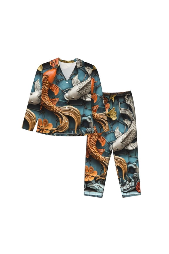 Colorful Koi Fish Art Pattern Women’s Long-Sleeve Sleepwear Set - Soft 2-Piece Loungewear with Pockets, Comfy PJs for Relaxing Nights-XX-Large