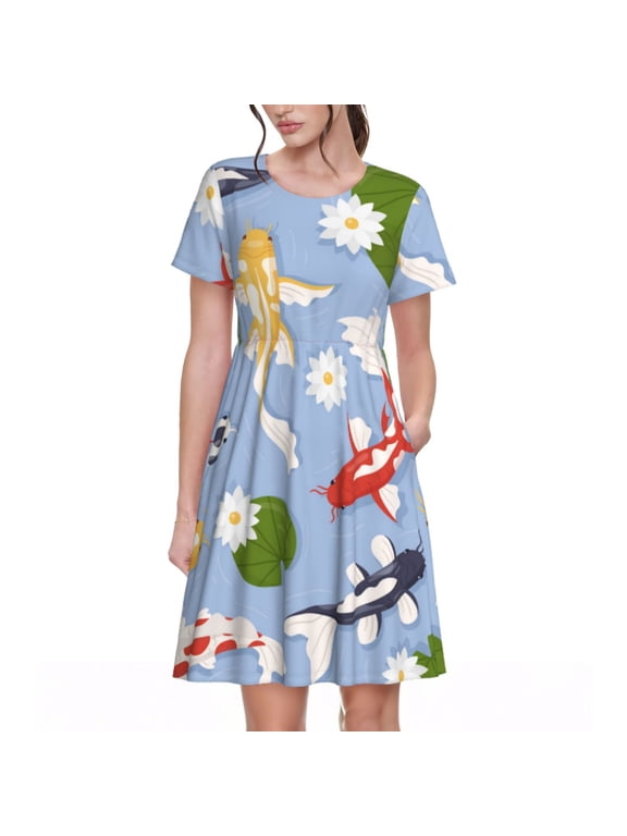 Colorful Koi Fish Pattern Women's Short Sleeve Summer Dress Pleated Loose Swing Knee Length Short Sleeve Swing Dresses