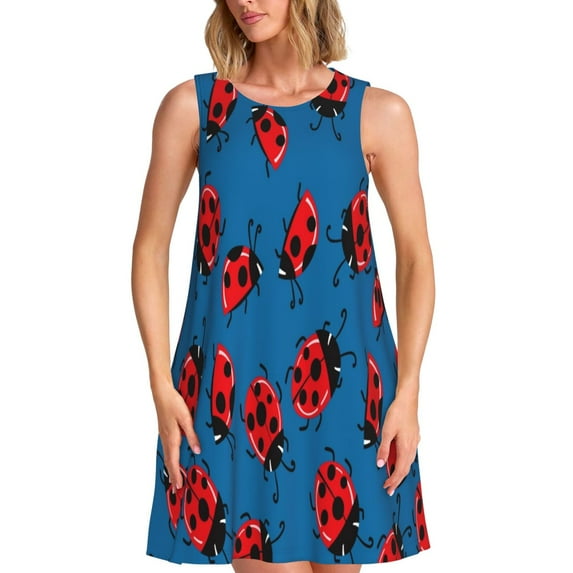 Picia Colorful Ladybird Print Women’s Sleeveless Midi Swing Dress – A-Line Pleated Tank Sundress, Comfortable and Flowy T-Shirt Dress
