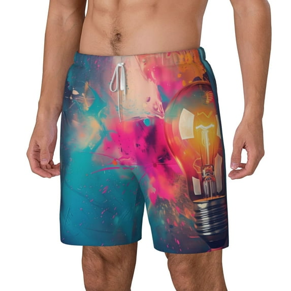 Picia Colorful Lightbulb Abstract pattern Mens Swim Trunks with Compression Liner Stretch Beach Shorts Quick Dry with Zipper Pockets No-Chafing Board Shorts-X-Large