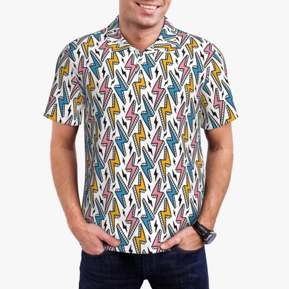 Picia Colorful Lightning Bolts Print Men's Polo Shirt, Two-Button Closure Pique Polo Shirt, Summer Fashion Golf Shirt-3X-Large