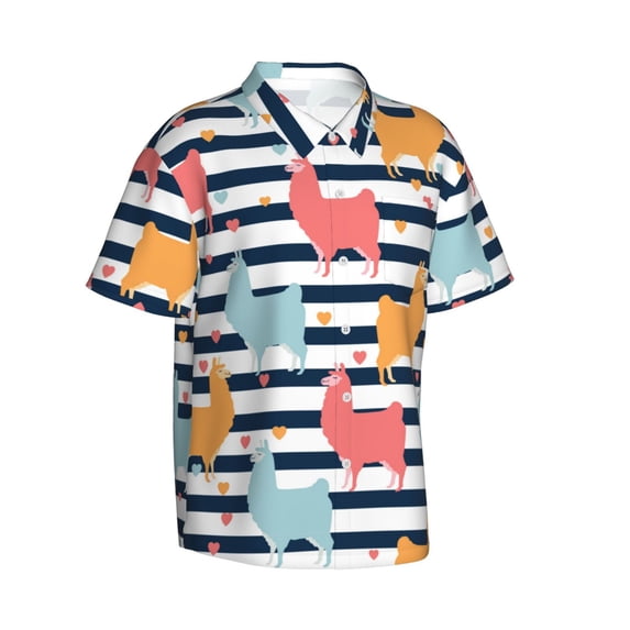 Picia Colorful Llama Gentle Cotton Regular Fit Short Sleeve Casual Hawaiian Shirt for Men-