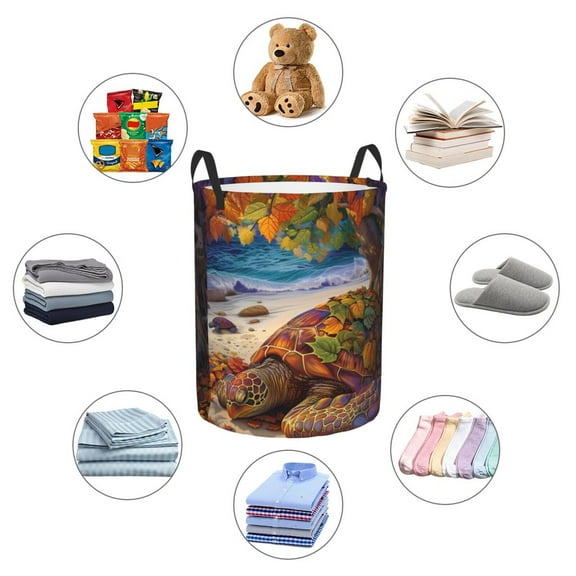 Picia Colorful Maple Leaf Beach Turtle Large Laundry Basket, Waterproof, Freestanding Laundry Hamper, Collapsible Tall Clothes Hamper with Extended Handles-