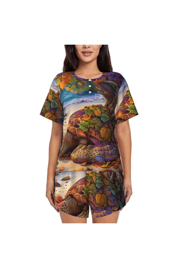 Colorful Maple Leaf Beach Turtle Pajamas Sets for Women Soft Short-Sleeved Pjs with Lounge Shorts Two Piece Sleepwear-X-Large