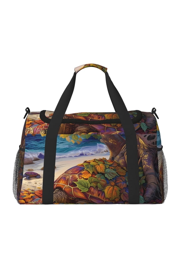 Colorful Maple Leaf Beach Turtle Print Travel Duffle Bag,Weekender Bags for Women with Shoe Compartment, Gym Duffel Bag with Wet Pocket, Hospital Bags for Labor and Delivery