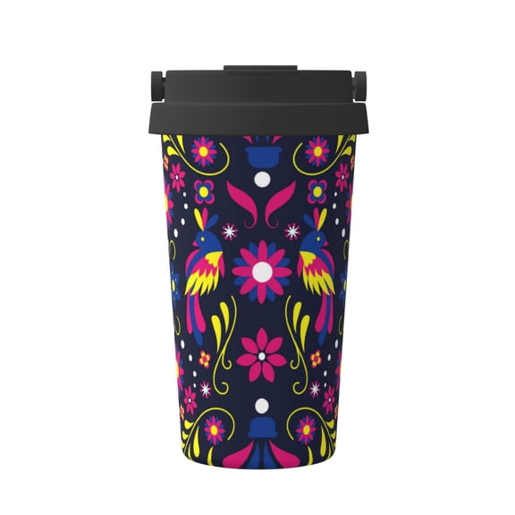 Picia Colorful Mexican Pattern 500ml Carry Insulated Coffee Mug, Stainless Steel Travel Mug with Hidden Handle, Leak-Proof for Car, Office, Home, and Outdoor Use