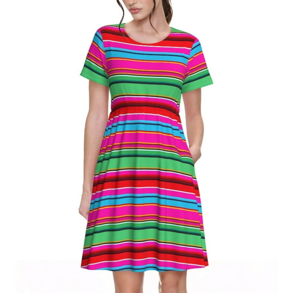 Picia Colorful Mexican Stripes Pattern Women's Short Sleeve Summer Dress Pleated Loose Swing Knee Length Short Sleeve Swing Dresses
