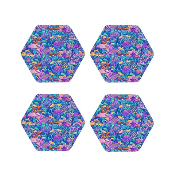 Picia Colorful Mushrooms Printed Leather Coasters for Drinks, 4" Drink Coasters Set of 4 for Tabletop Protection, Handmade Luxurious Home Décor and Housewarming Gift -Hexagon