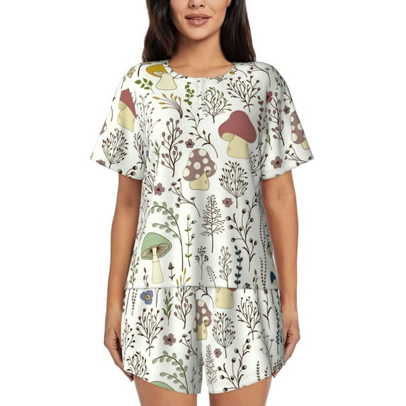 Picia Colorful Mushrooms and Plants Pajamas Sets for Women Soft Short-Sleeved Pjs with Lounge Shorts Two Piece Sleepwear-X-Large