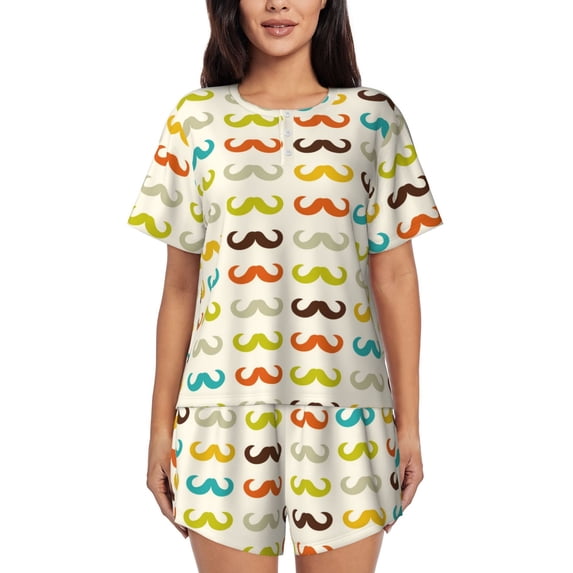 Picia Colorful Mustache Pajamas Sets for Women Soft Short-Sleeved Pjs with Lounge Shorts Two Piece Sleepwear-Small