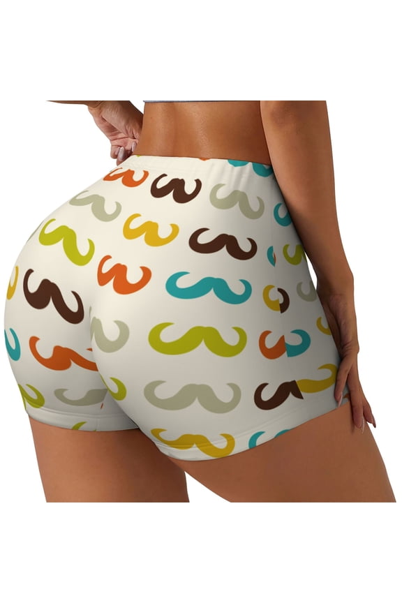 Colorful Mustache Printed Workout Shorts for Women Seamless Scrunch Butt Lifting High Waisted Yoga Gym Booty Running Moisture-wicking Short Pants-Large