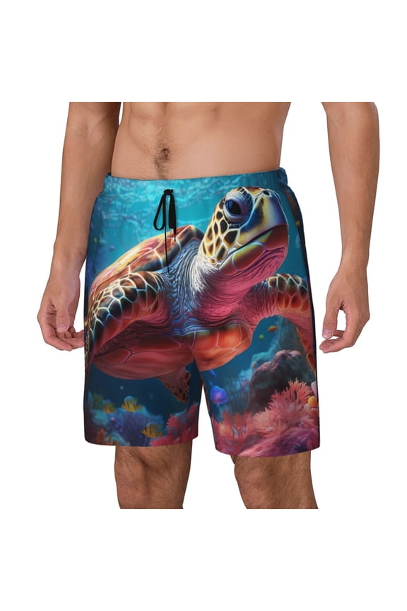 Colorful Ocean Sea Turtle pattern Mens Swim Trunks with Compression Liner Stretch Beach Shorts Quick Dry with Zipper Pockets No-Chafing Board Shorts-Large