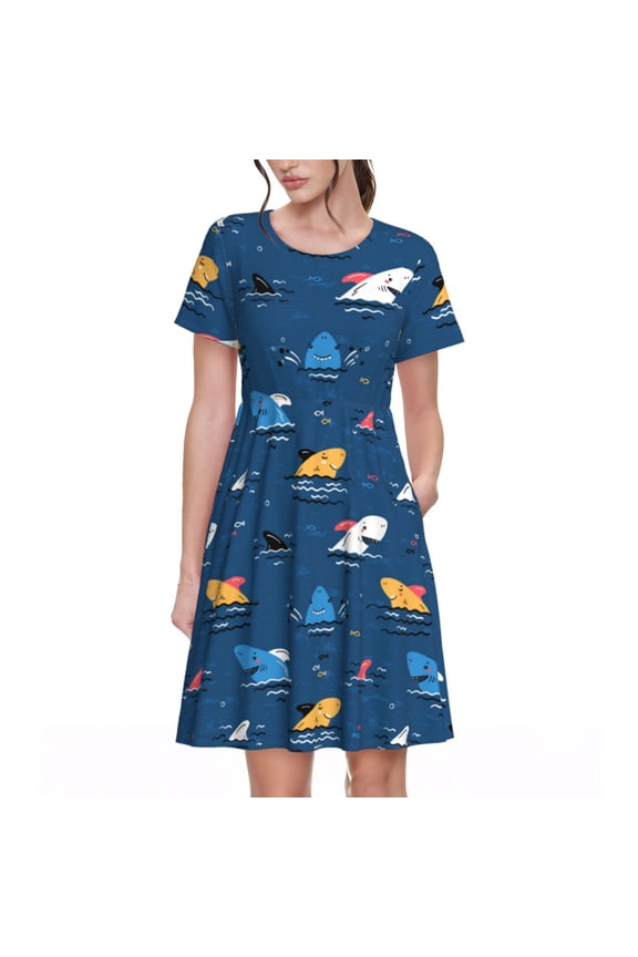 Colorful Ocean Shark Pattern Women's Short Sleeve Summer Dress Pleated Loose Swing Knee Length Short Sleeve Swing Dresses