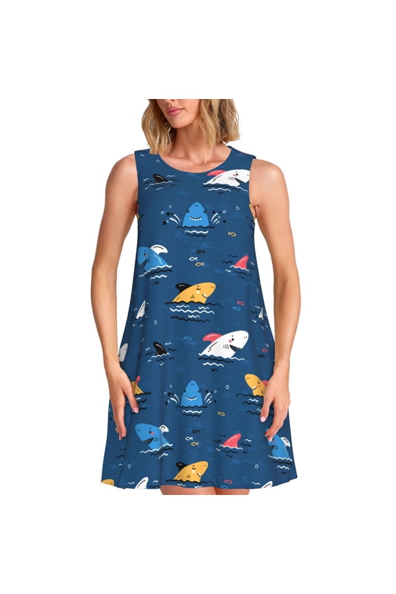 Colorful Ocean Shark Print Women’s Sleeveless Midi Swing Dress – A-Line Pleated Tank Sundress, Comfortable and Flowy T-Shirt Dress