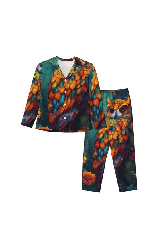 Colorful Owl Forest Pattern Women’s Long-Sleeve Sleepwear Set - Soft 2-Piece Loungewear with Pockets, Comfy PJs for Relaxing Nights-