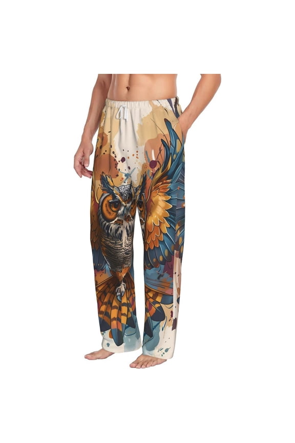 Colorful Owl Tattoo Art Mens Soft Woven Cotton Elastic Waistband Sleep Pajama Pant Lounge Sleep Pant With Pockets And Drawstring-Large