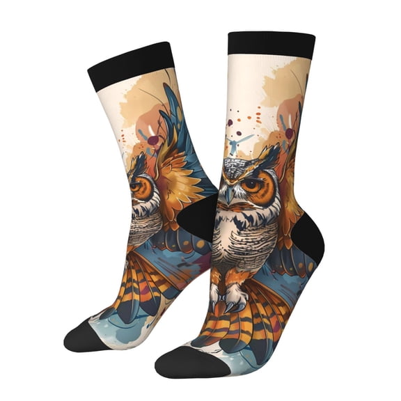 Picia Colorful Owl Tattoo Art Print Athletic Socks for Men & Women – Cushioned Moisture-Wicking Crew Socks for Sports, Running, and Training, Soft & Breathable Size 5-11