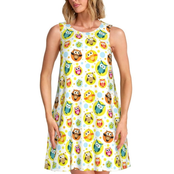 Picia Colorful Owls 1 Print Women’s Sleeveless Midi Swing Dress – A-Line Pleated Tank Sundress, Comfortable and Flowy T-Shirt Dress