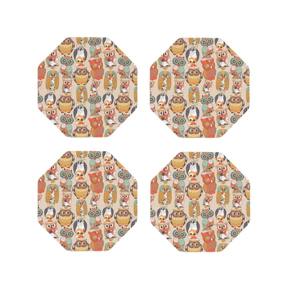 Picia Colorful Owls Printed Leather Coasters for Drinks, 4" Drink Coasters Set of 4 for Tabletop Protection, Handmade Luxurious Home Décor and Housewarming Gift -Octagon