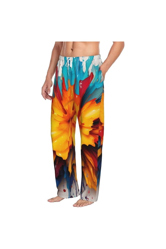 Colorful Paint Print Mens Soft Woven Cotton Elastic Waistband Sleep Pajama Pant Lounge Sleep Pant With Pockets And Drawstring-Small