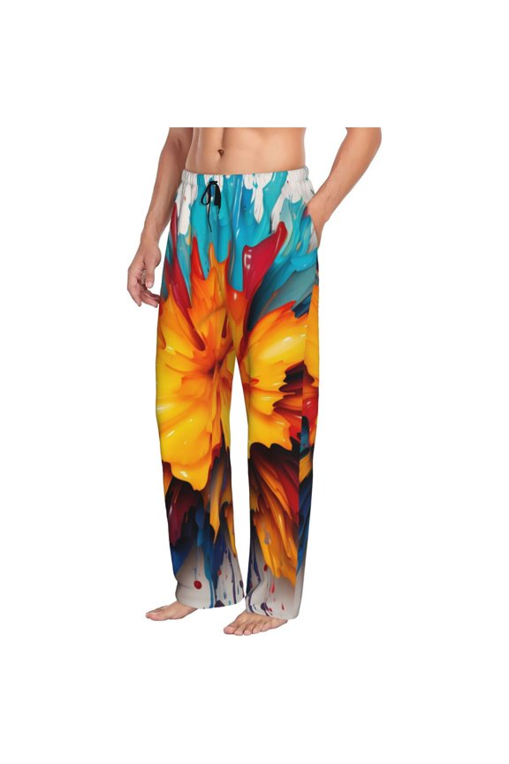 Colorful Paint Print Mens Soft Woven Cotton Elastic Waistband Sleep Pajama Pant Lounge Sleep Pant With Pockets And Drawstring-X-Large