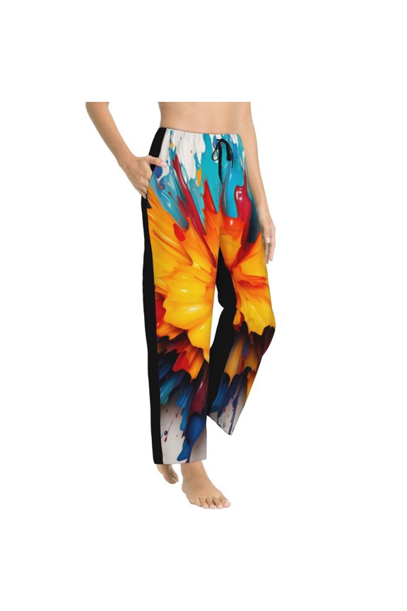Colorful Paint Print Womens Soft Woven Cotton Elastic Waistband Sleep Pajama Pant Lounge Sleep Pant With Pockets And Drawstring-Small
