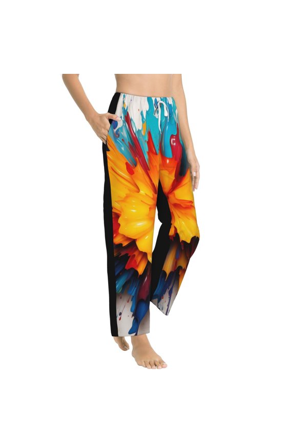 Colorful Paint Print Womens Soft Woven Cotton Elastic Waistband Sleep Pajama Pant Lounge Sleep Pant With Pockets And Drawstring-Small