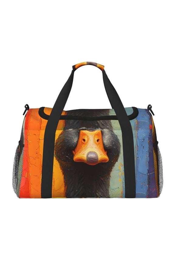 Colorful Painted Duck Print Travel Duffle Bag,Weekender Bags for Women with Shoe Compartment, Gym Duffel Bag with Wet Pocket, Hospital Bags for Labor and Delivery